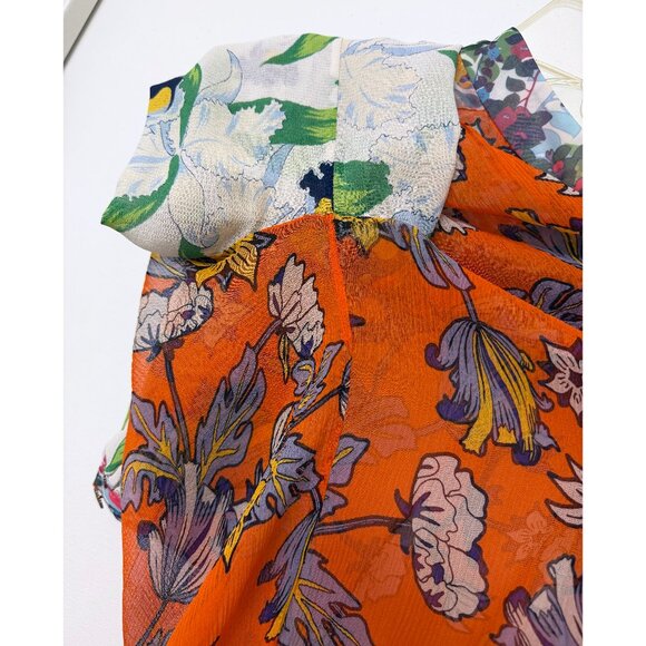 Tory Burch Kia Orange Garden Print Silk Shirt Top Green Floral Tie Neck 8 - Picture 14 of 15